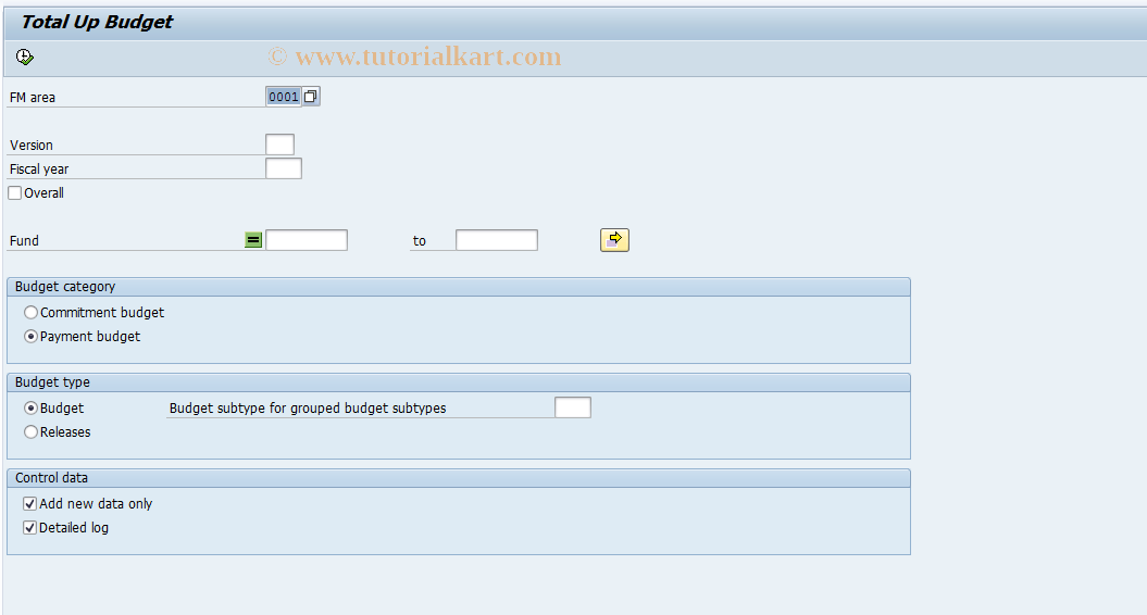 SAP TCode FM9Q - FM: Total Up Budget
