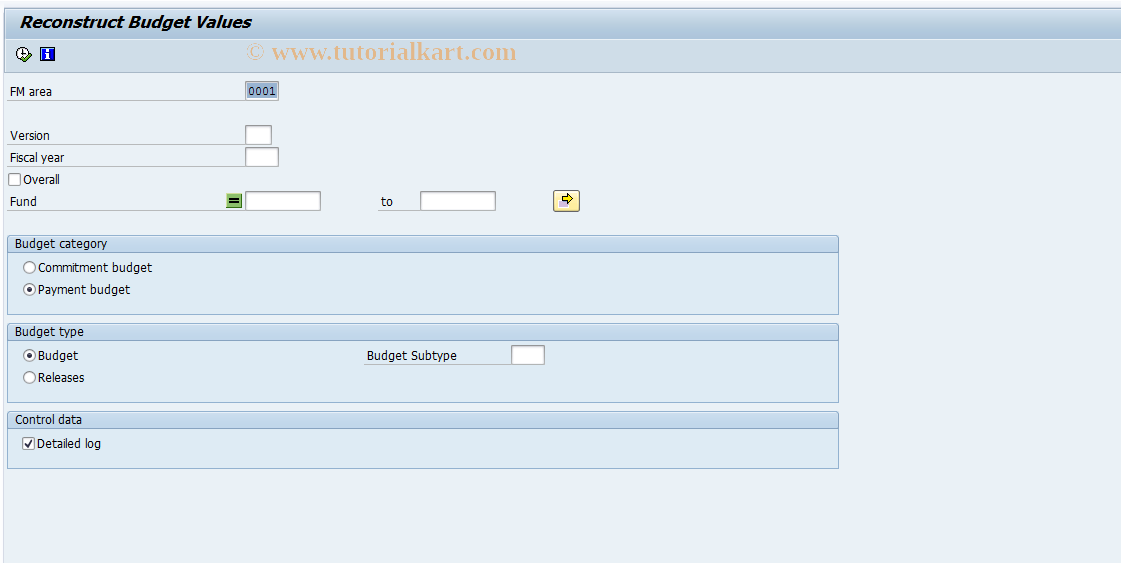 SAP TCode FM9QBUD - FM: Reconstruct Budget