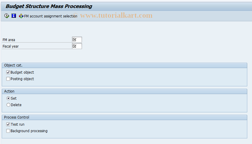 SAP TCode FM9ZA10 - Budget Structure Mass Processing