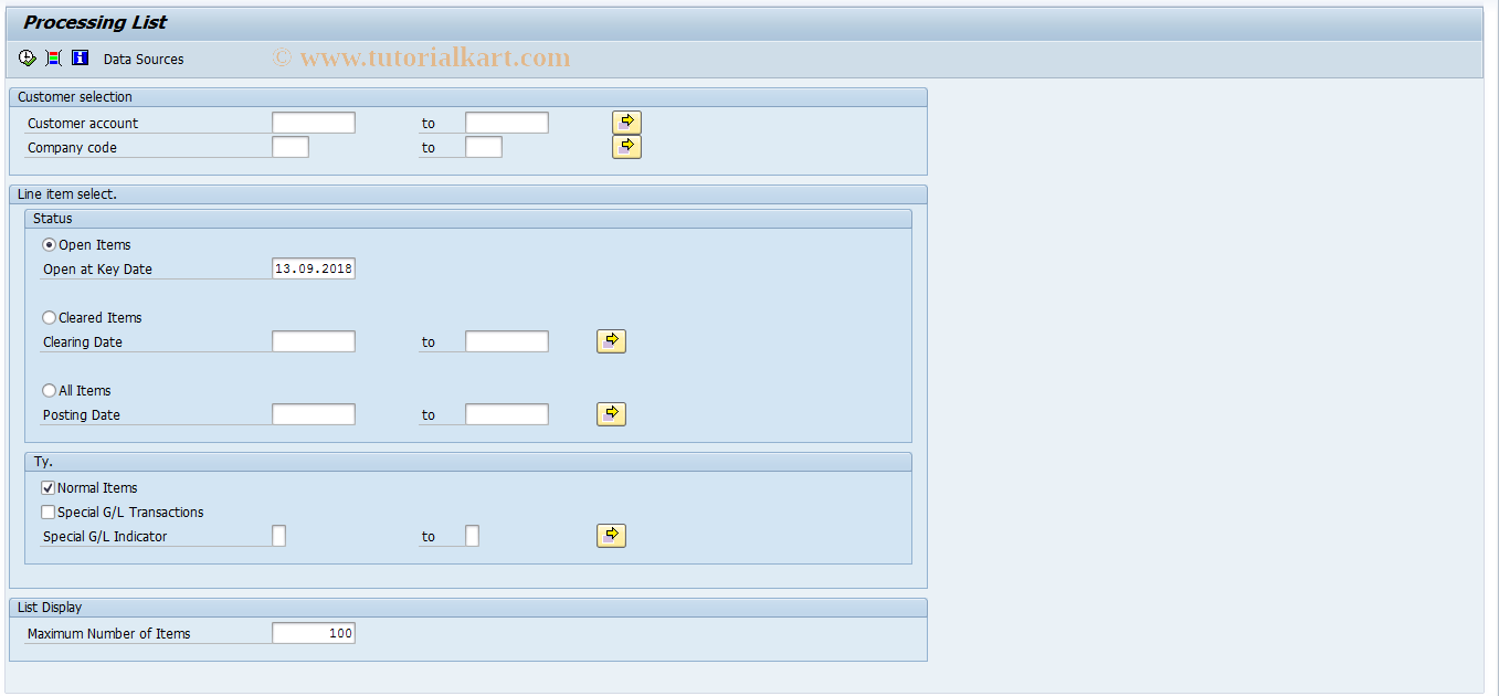 SAP TCode FMBELI - Processing list