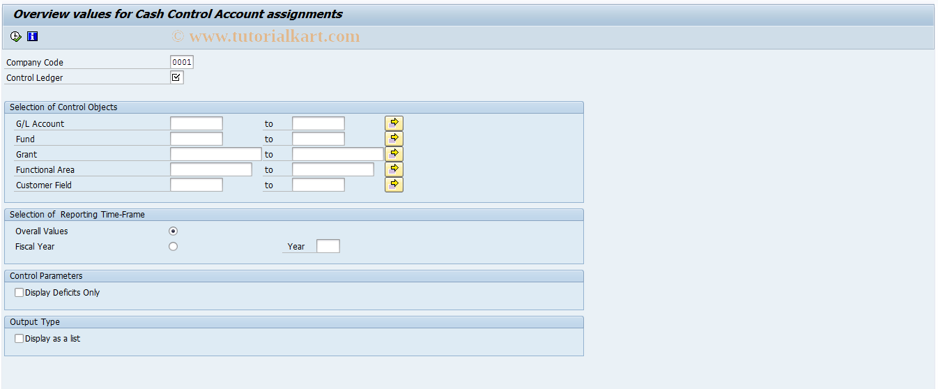 SAP TCode FMCCAVCOVERVIEW - Overview of Cash control Values