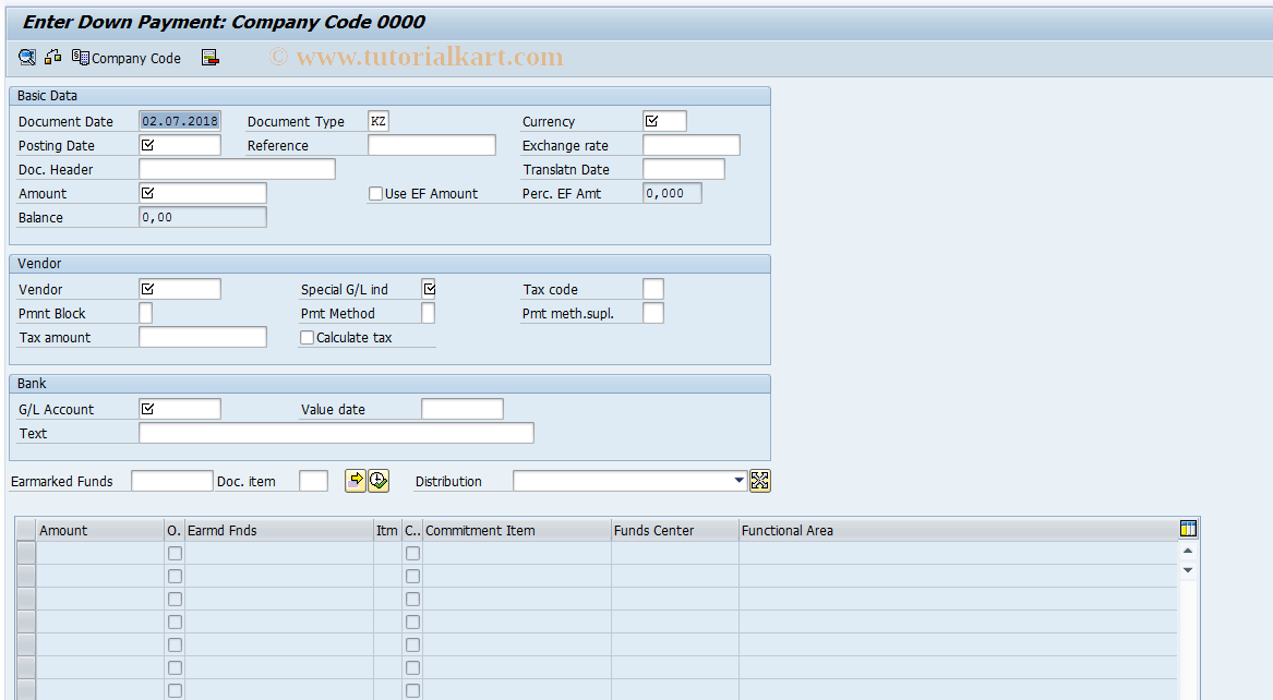 SAP TCode FMDPEF_DET - Create Down Paym. with EF reference