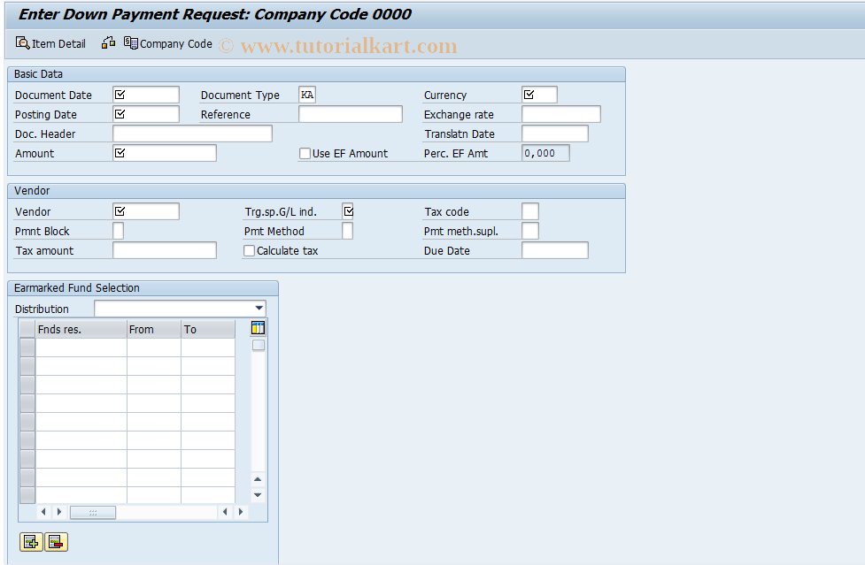 SAP TCode FMDPREF - Create Down Paym. Requisition with EF ref.