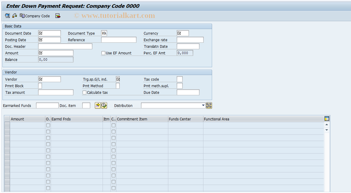SAP TCode FMDPREF_DET - Create Down Paym. Requisition with EF ref.