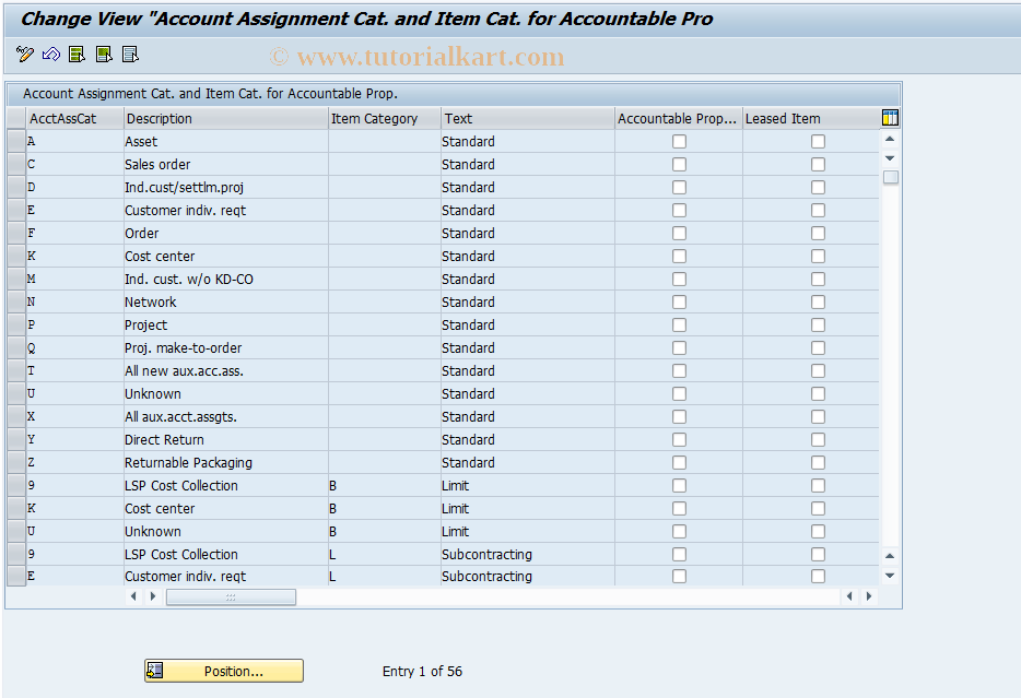 tcode to display account assignment category