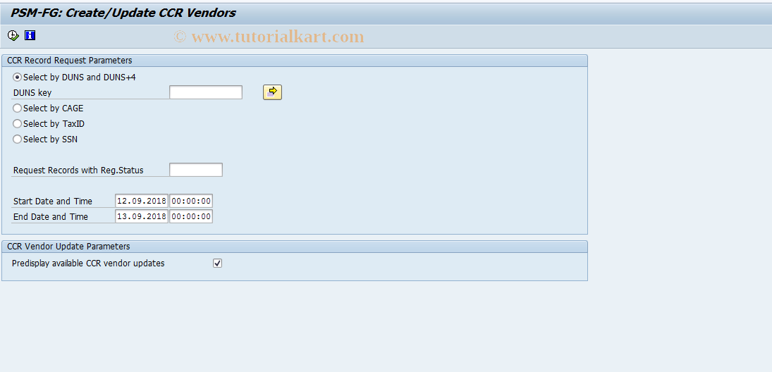 SAP TCode FMFGCCR_CREATE - PSM-FG: Create/Update CCR Vendors