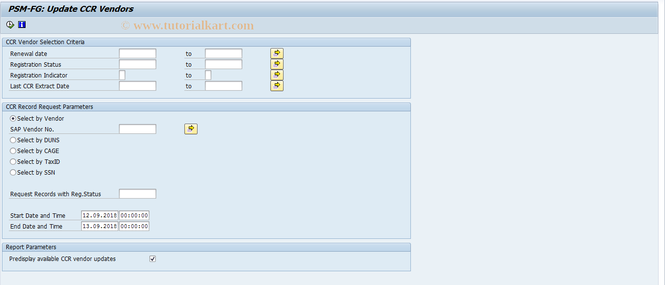 SAP TCode FMFGCCR_UPDATE - PSM-FG: Update CCR Vendors