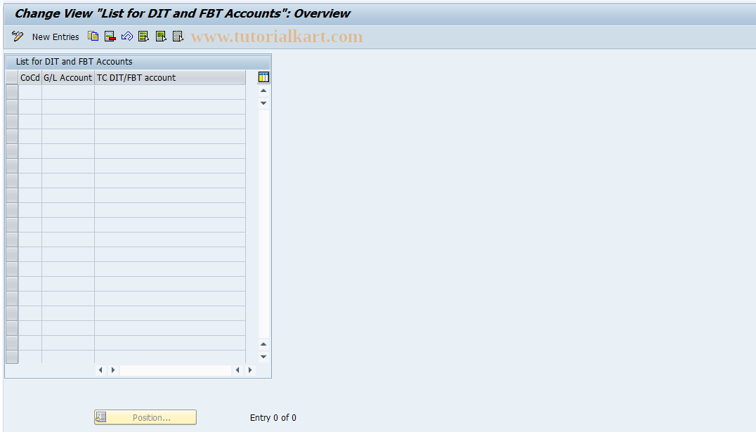 SAP TCode FMFG_DIT_FBT - Maintain List of DIT/FBT Accounts