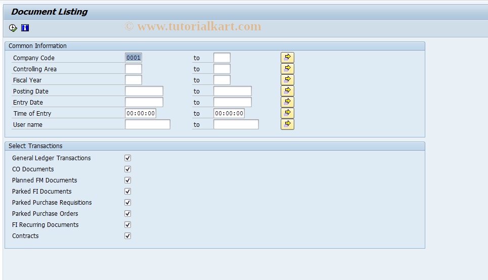 SAP TCode FMFG_E_YFITRG02 - Document Listing