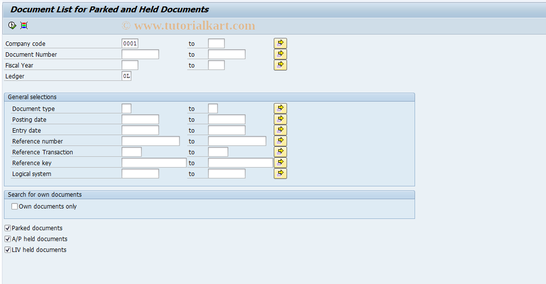 SAP TCode FMFG_HELD_INVOICES - List for Parked and Held Documents