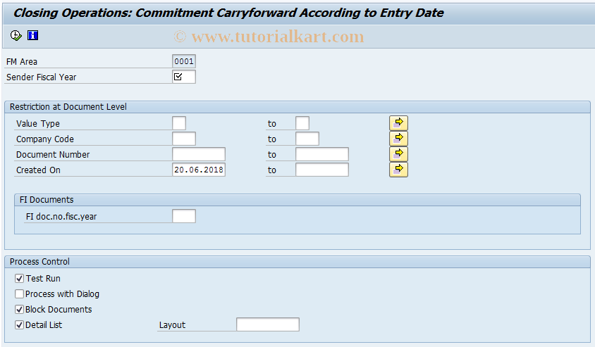 SAP TCode FMJ2_D - Carryfwrd Cmmt Accrd. to Entry Date