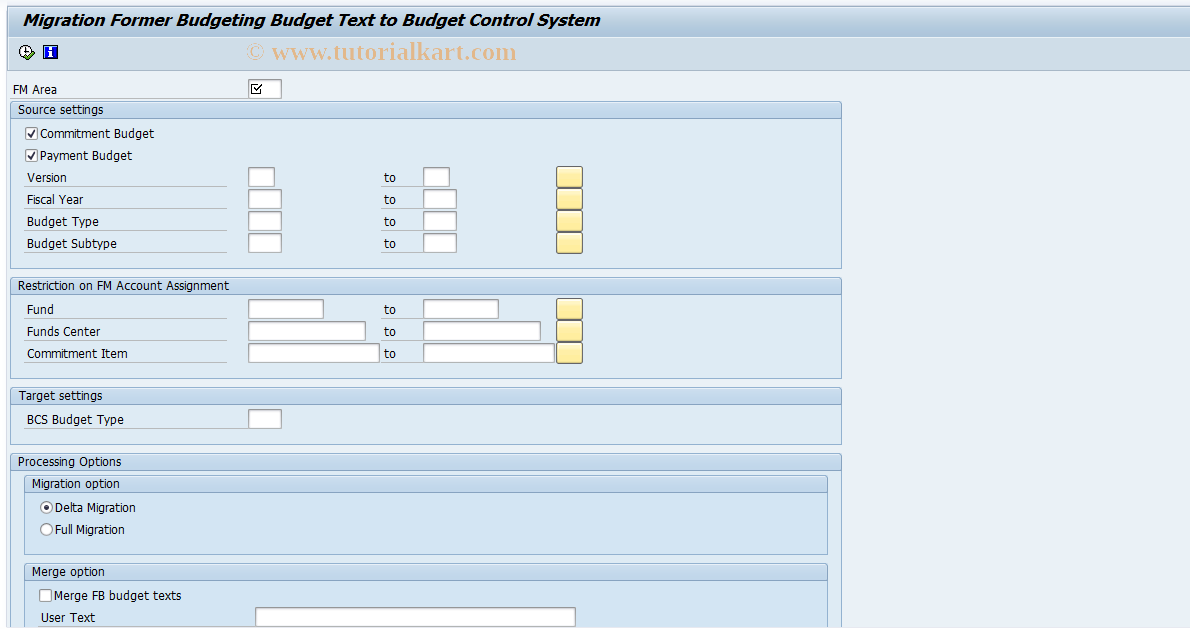 SAP TCode FMKUMIGTEXT - Migration FB Budget Text to BCS