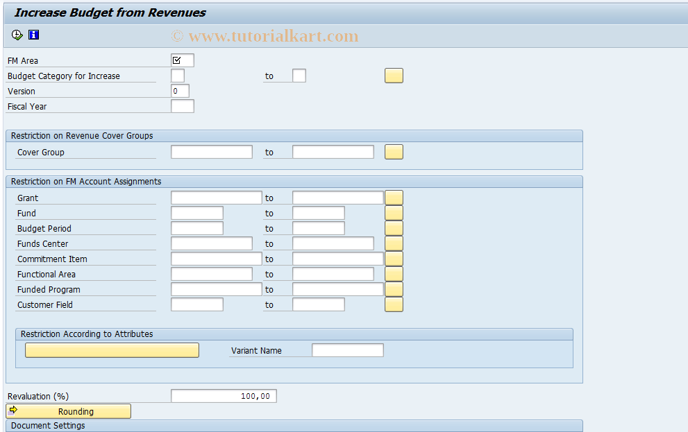 SAP TCode FMMPRBB - Increase Budget from Revenues