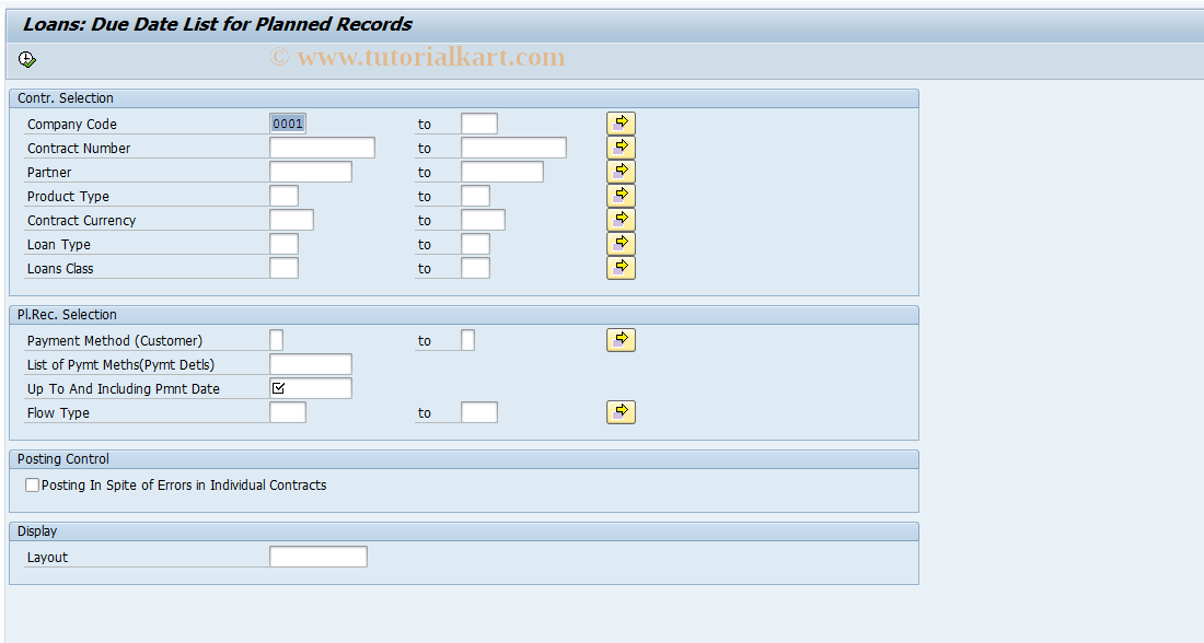 SAP TCode FMN8 - Loans: Due Date List for Pl. Records