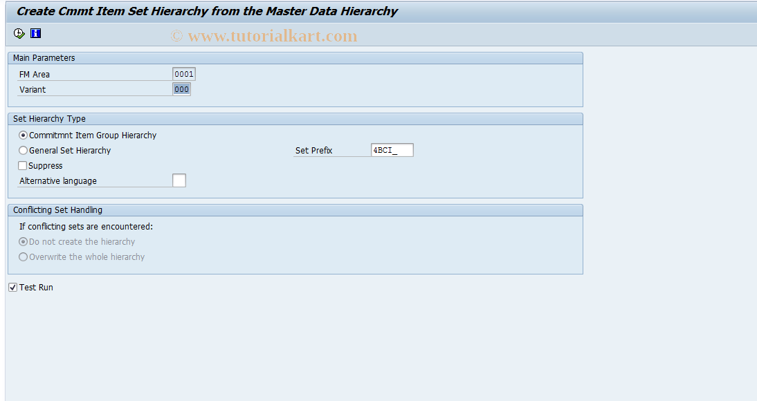 SAP TCode FMRP_CI_SET_HIER - Create CI Set Hierarchy from Master Data