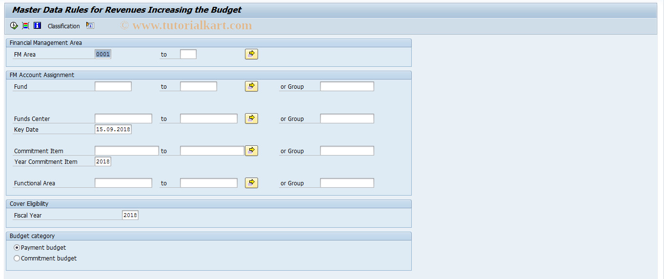 SAP TCode FMRP_RFFMCE31 - Rules for Revenues Increasing Budget