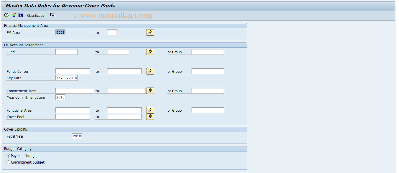 SAP TCode FMRP_RFFMCE32 - Rules for Revenues Cover Pools