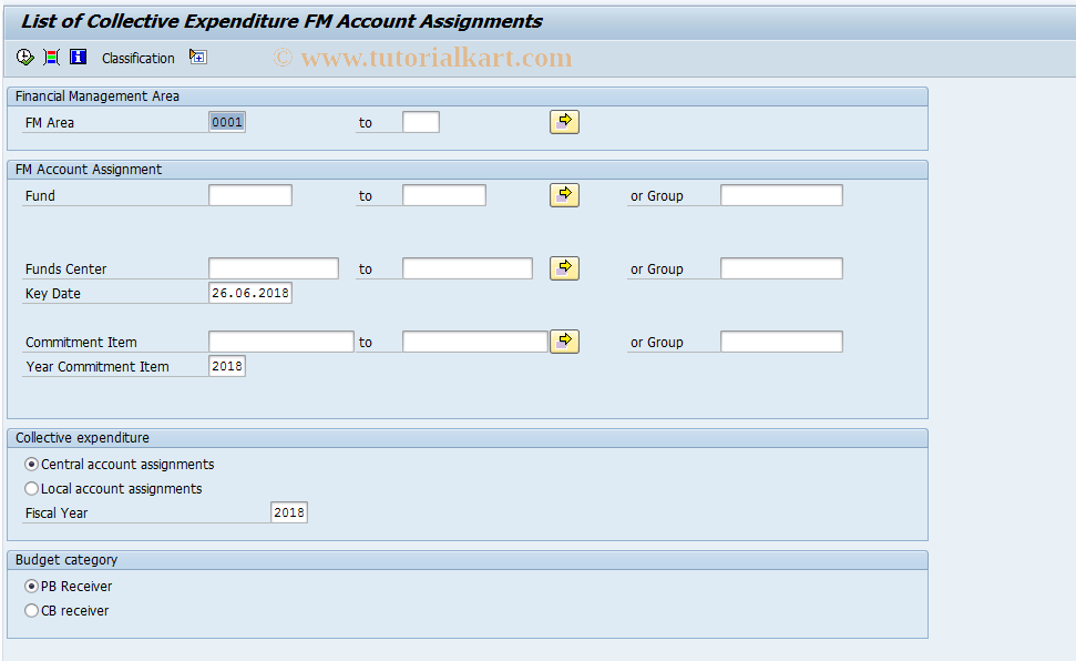 SAP TCode FMRP_RFFMCE41 - Collective Expenditure FM Account Asgts