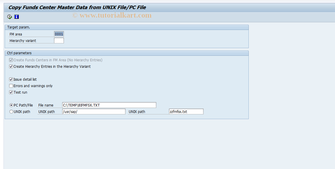 SAP TCode FMSY - Create Funds Center Using UNIX