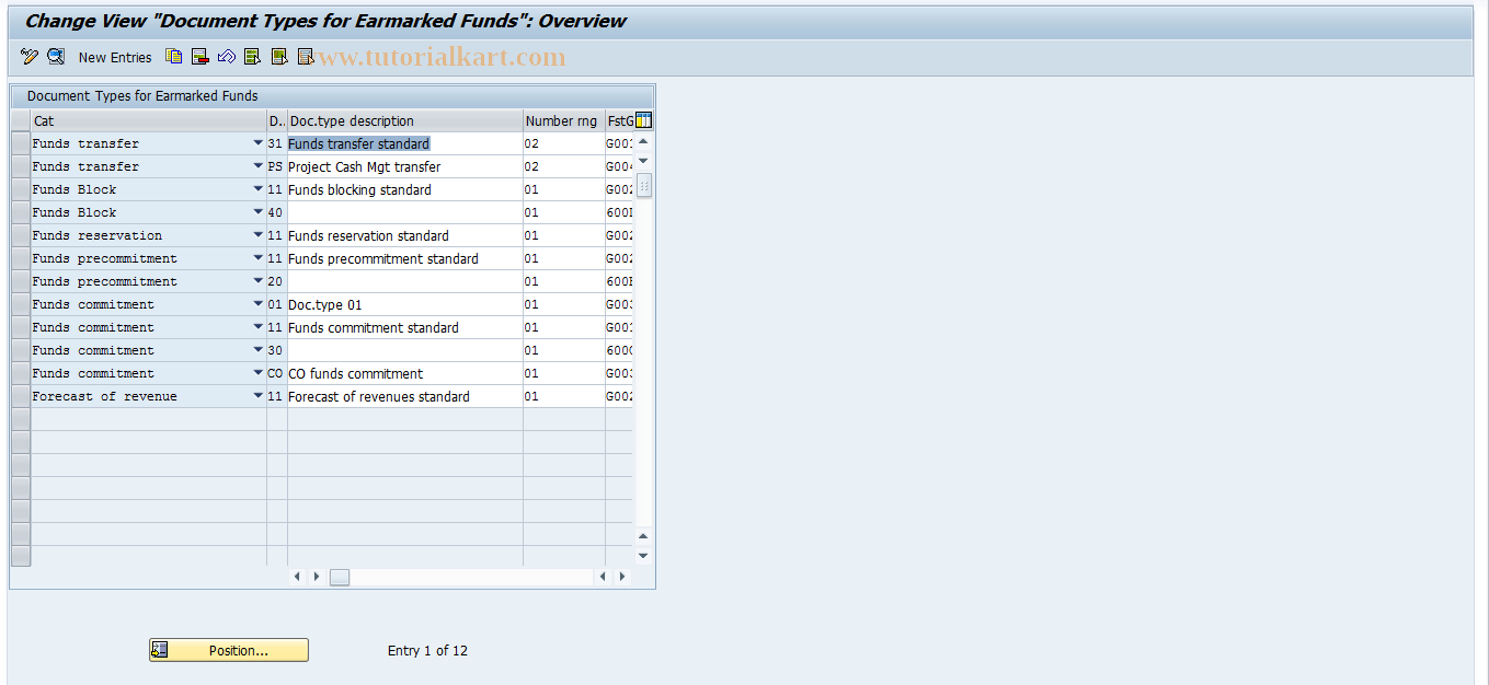 SAP TCode FMU1 - Maintain Funds Reservation Document Types