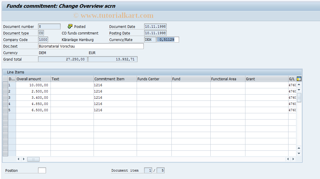 SAP TCode FMZ2 - Change Funds Commitment