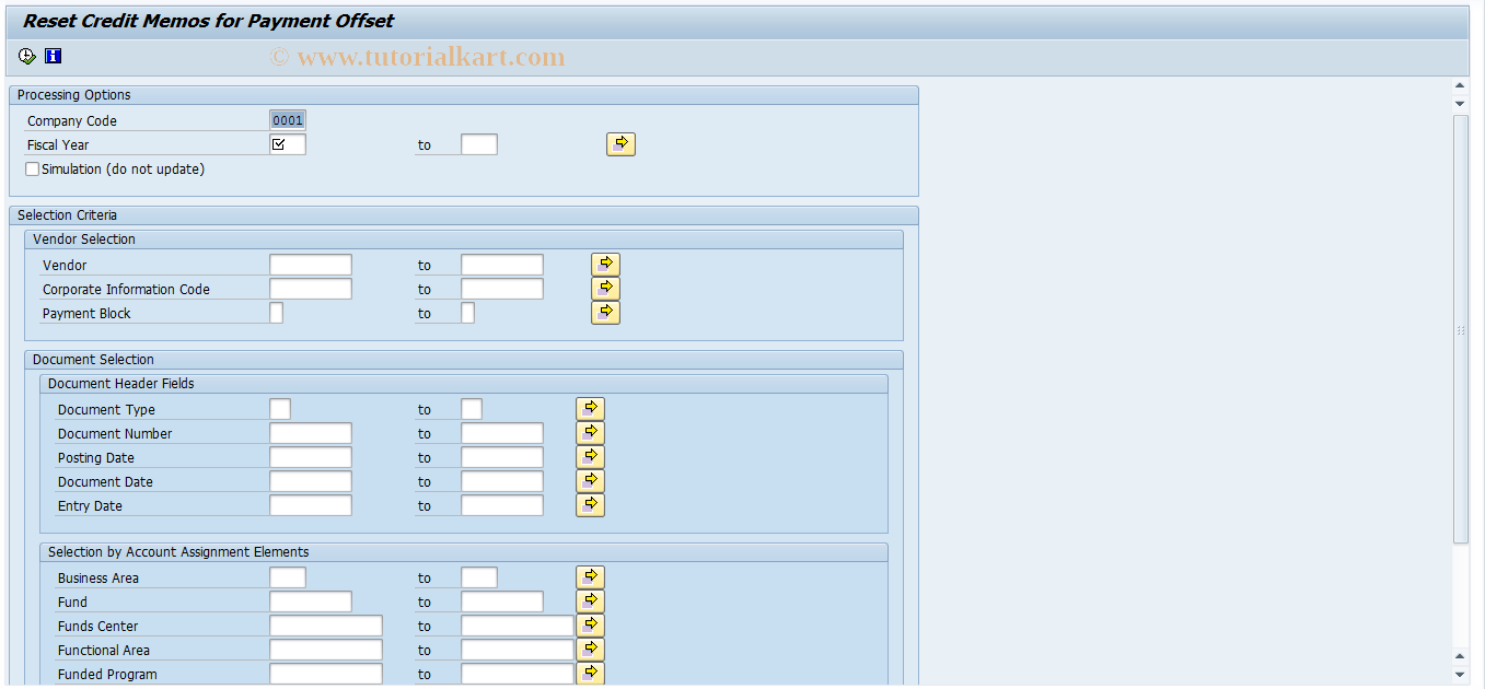 SAP TCode FM_CM_EXCLUDE_CLR - Reset Credit Memo for Payment Offset