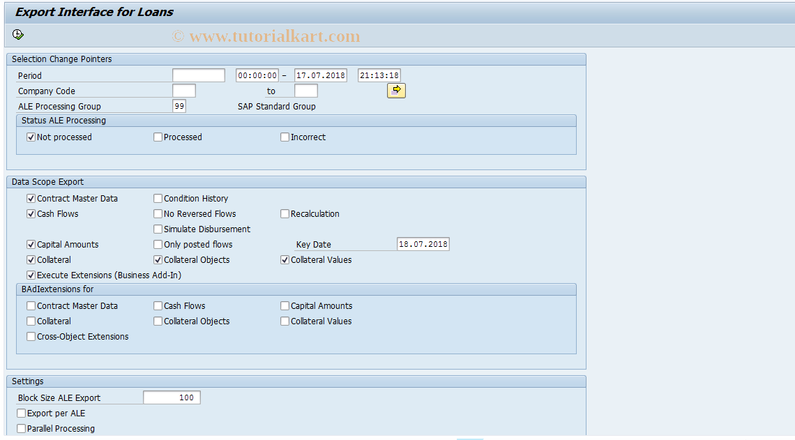 SAP TCode FNEXP - Export Interface Loans