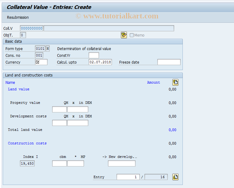 SAP TCode FNIN - Create collateral value