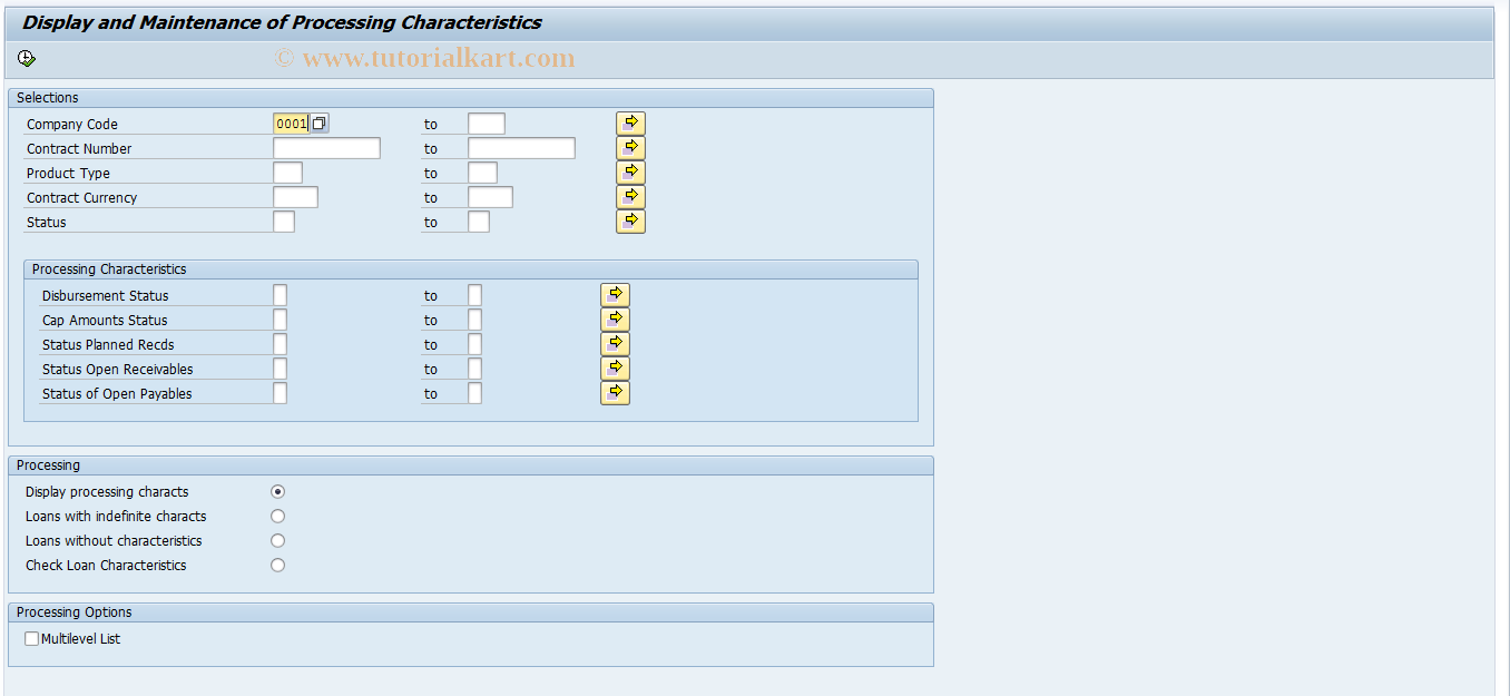 SAP TCode FNSTA - Processing Characteristics