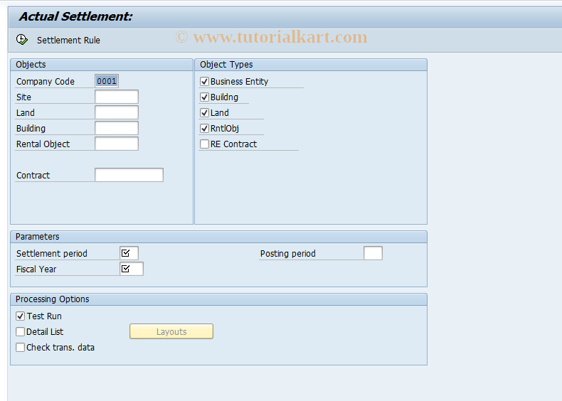 SAP TCode FO8C - Real Estate CO  Individual  Settlement