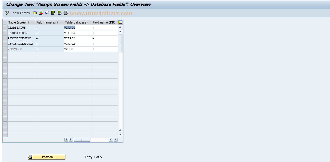 SAP TCode FOAR14 - REAR: Field Assignment Screen->DB
