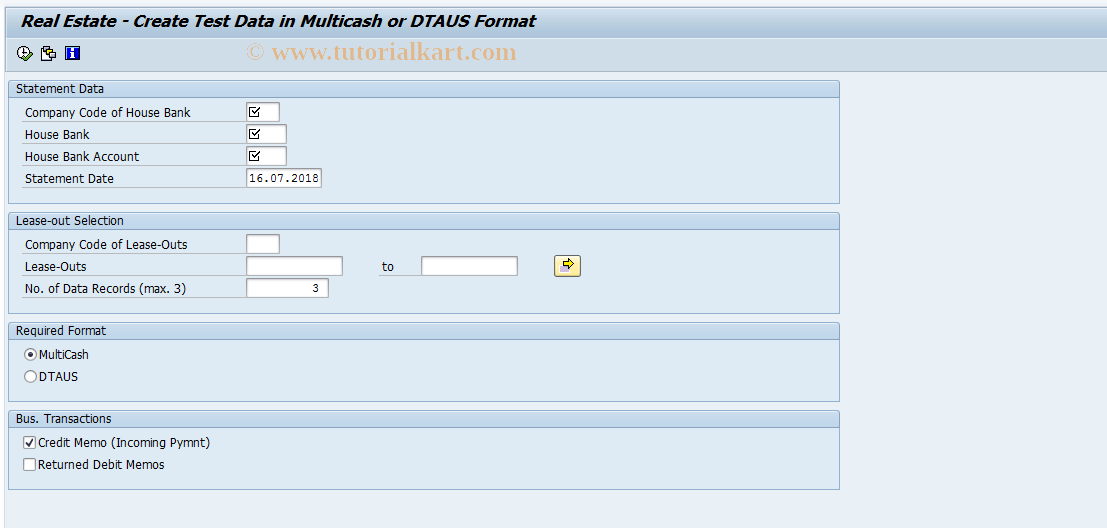 SAP TCode FOMC_1 - Electr. Account Statement: Test Data