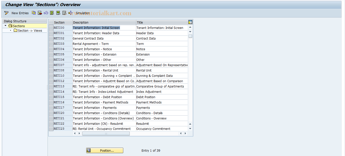 SAP TCode FOTI05 - RETI: Screen Layout Sections