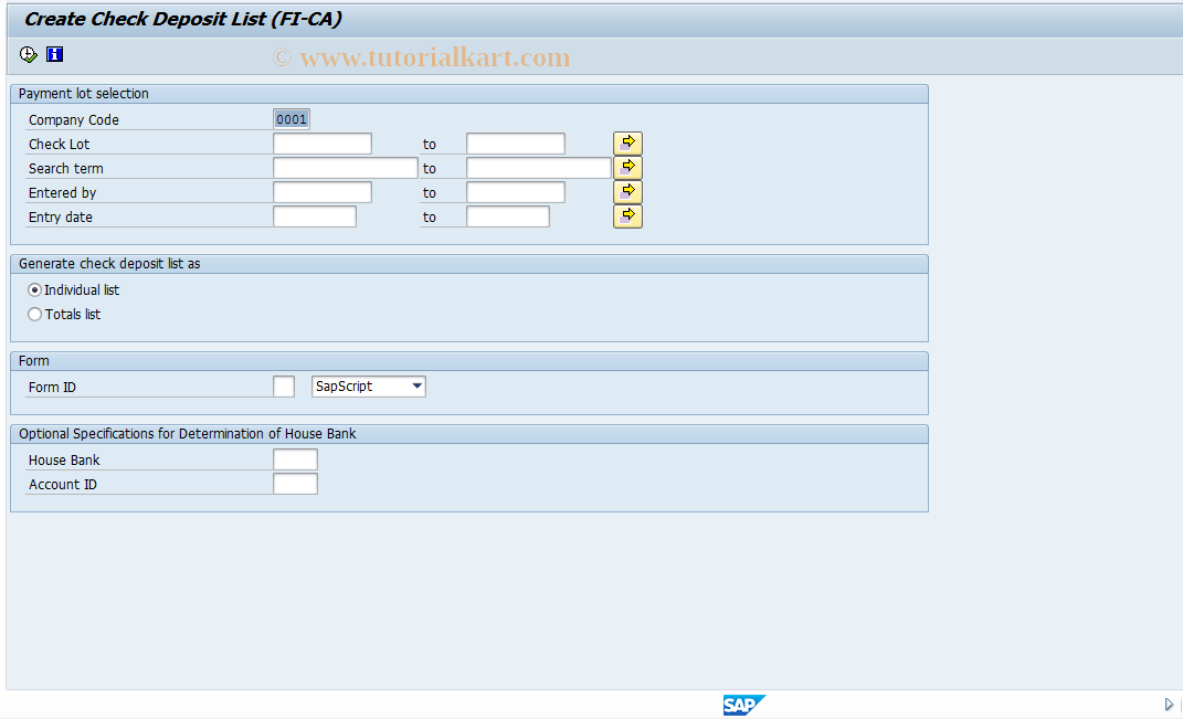 SAP TCode FP20 - FI-CA Check Deposit List