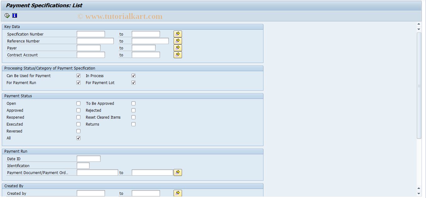 SAP TCode FPAYR01 - Payment Specifications: List