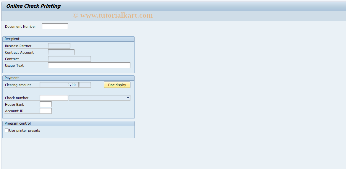 SAP TCode FPCH1 - Online Check Printing