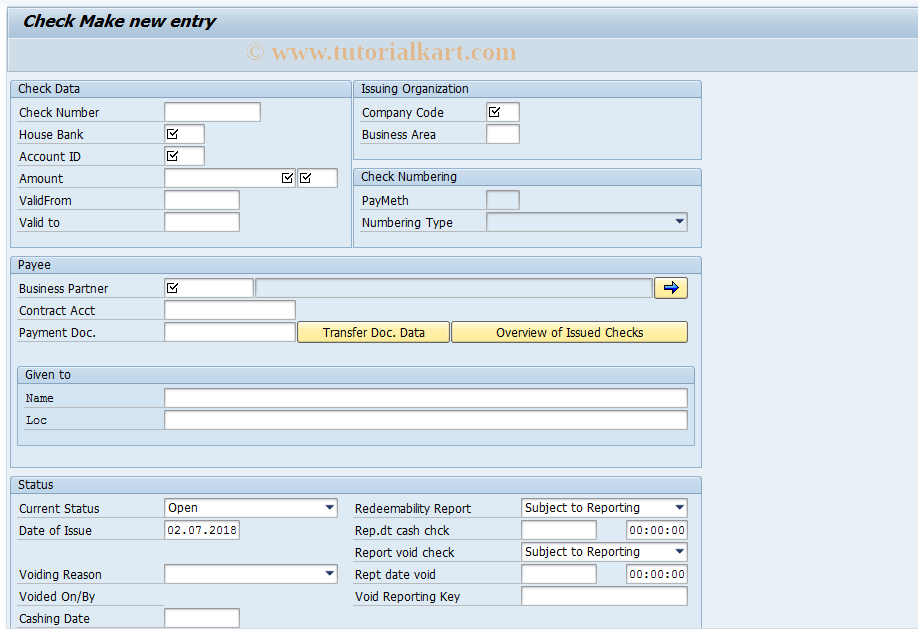 SAP TCode FPCHN - Create Check in Register