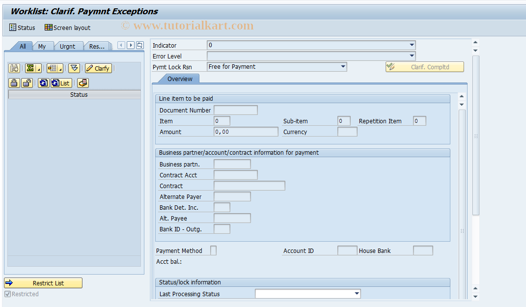 SAP TCode FPCPR - Clarif. Processing: Payment Run