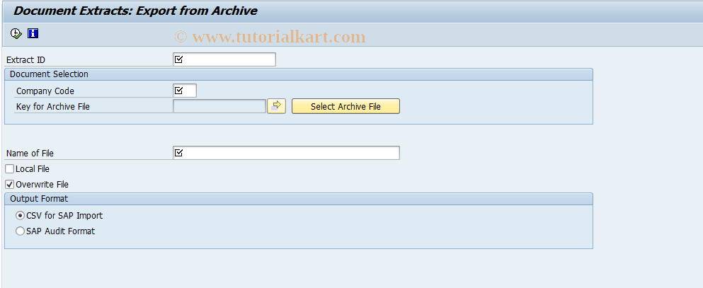 SAP TCode FPDE_AEXP - Document Extracts - Export fm Archive