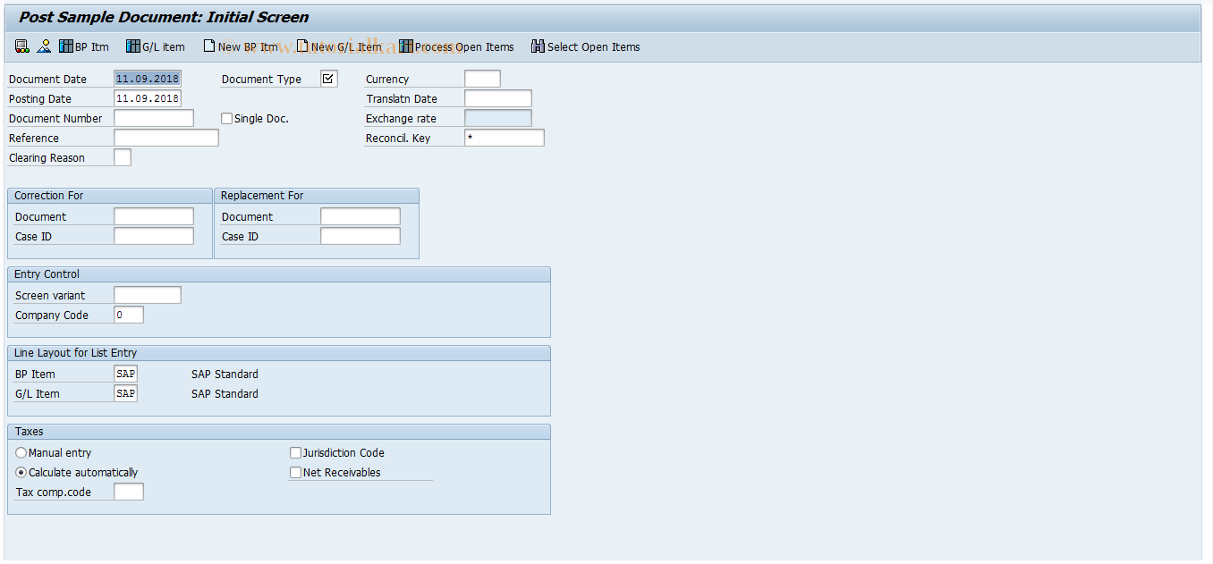 SAP TCode FPE1S - Post Sample Document