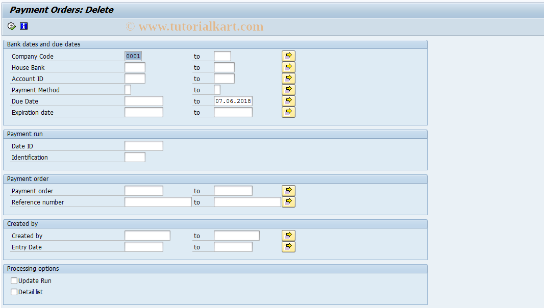 SAP TCode FPS_RFKKPYOD - Delete Payment Orders