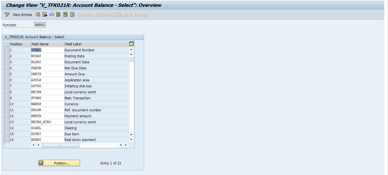 SAP TCode FQK2 - TFK021R (account balance: Select)