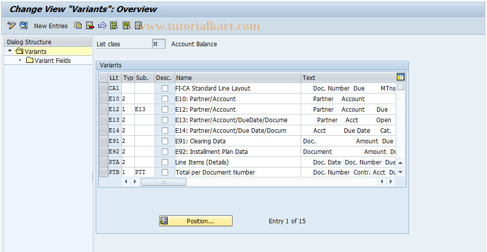 SAP TCode FQKPM - Account Balance:Line Layout Variants