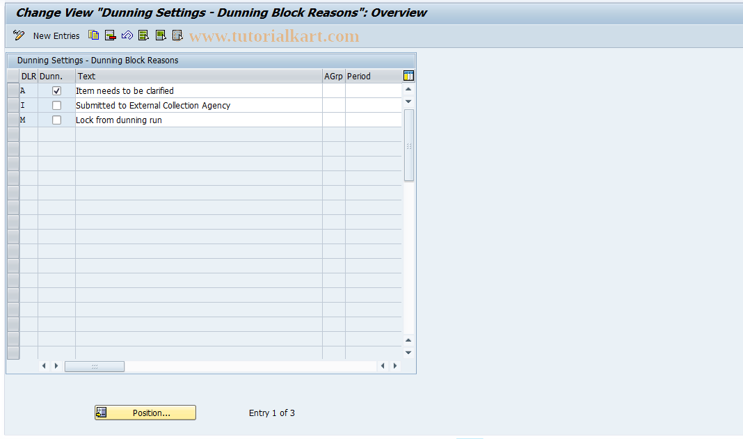 SAP TCode FQM6 - FI-CA Dunning-Customer Dunn.Block Reason