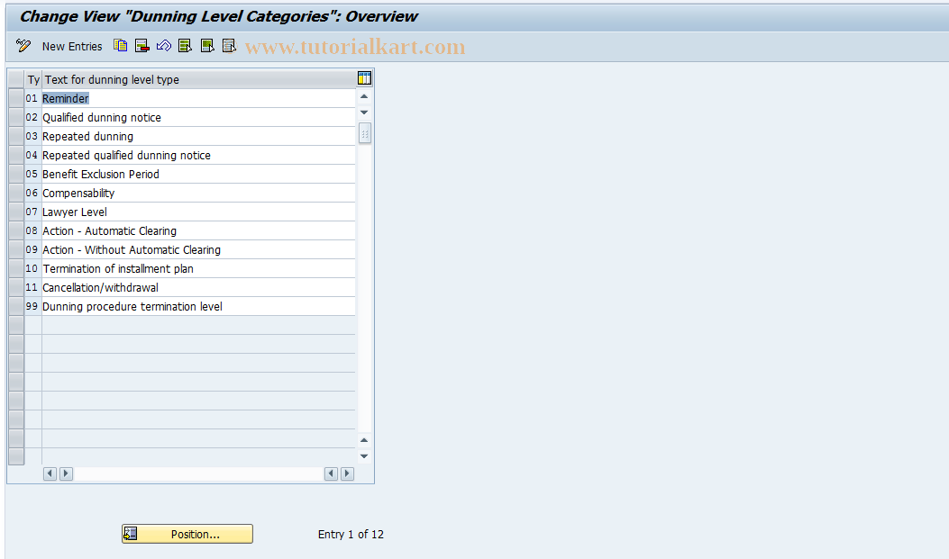 SAP TCode FQM7 - FI-CA Dunning - Customer Dun.Level Types