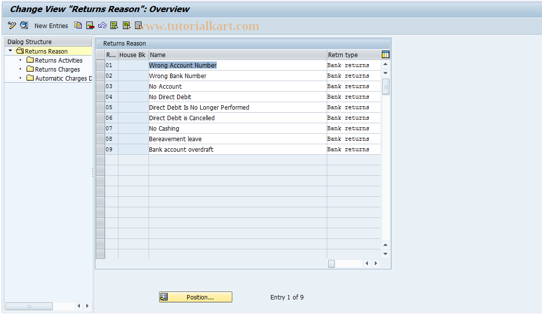 SAP TCode FQR1 - FI-CA Returns - Reason Settings