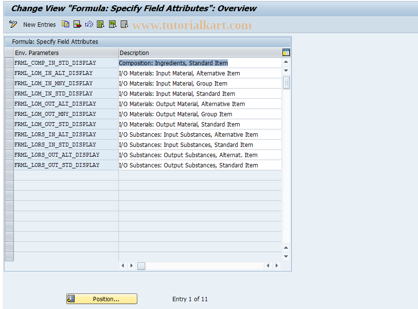 SAP TCode FRMLC05 - Customizing: Composition Display