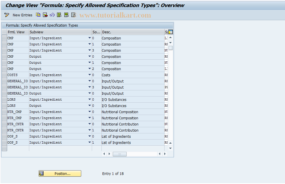 SAP TCode FRMLC07 - Customiz.: Substance Types per View