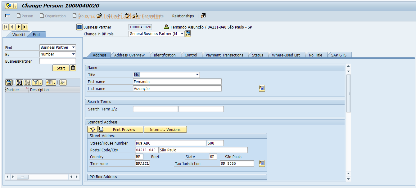 SAP TCode FS00002 - Change Business Partner