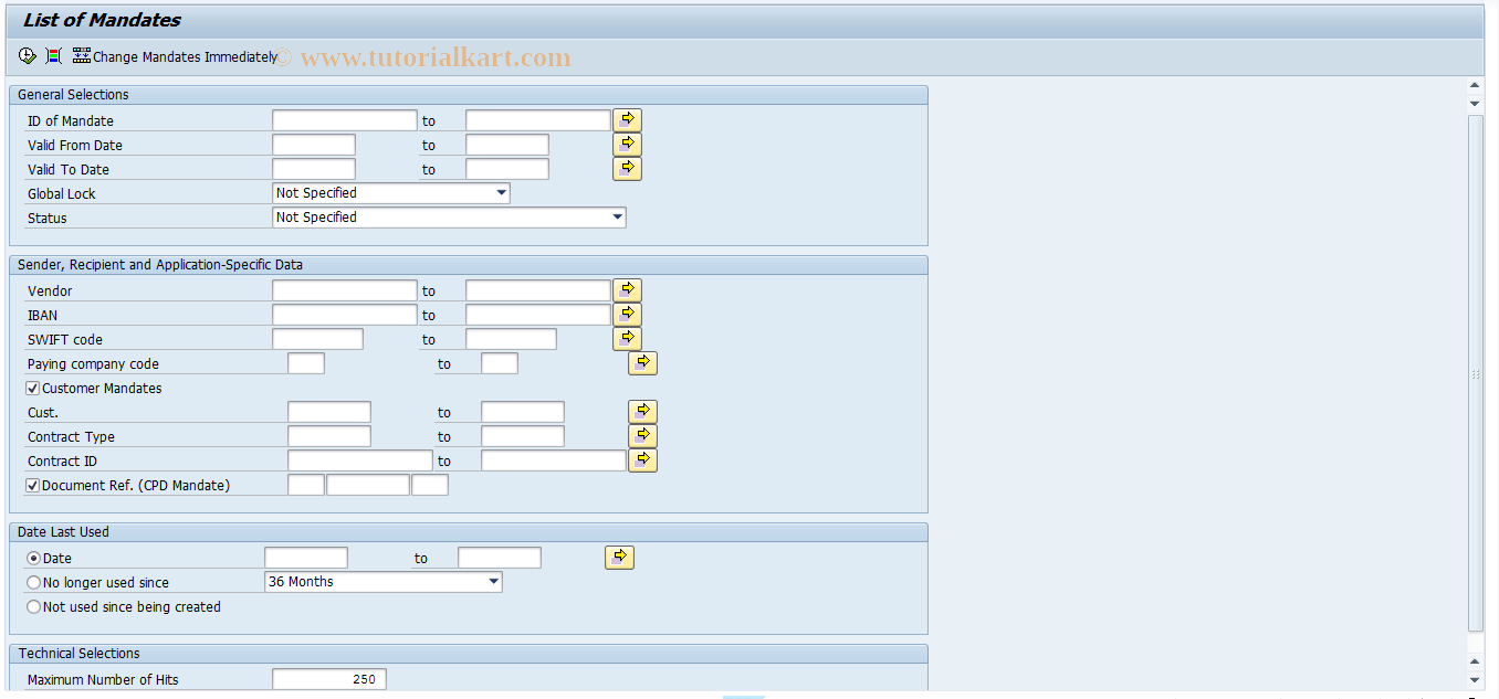 SAP TCode FSEPA_M4 - SEPA: List Mandates